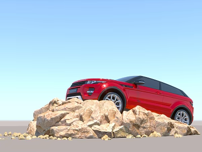 Red Range Rover SUV Standing On Rugged Rock Pile Under Clear Blue Sky 3d model