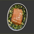 Fresh Salmon Fillet Served with Crisp Green Vegetables in White Oval Bowl
