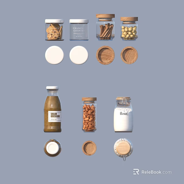 Household Glass Jars With Wooden Lids Storage Bottles Nuts And Sauce Containers 3d model 