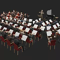 Group Of Orchestra Musicians Performing With Conductor Piano And Sheet Music Stands