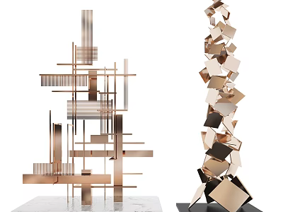 Modern Abstract Metallic Sculptures Geometric Stacked Shapes Rose Gold Gold Black Hues White Black Bases 3d model