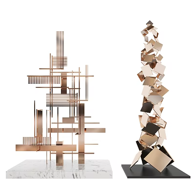 Modern Abstract Metallic Sculptures Geometric Stacked Shapes Rose Gold Gold Black Hues White Black Bases 3d model