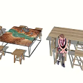 Wooden Dining Table Set Featuring Round Rectangular Long Tables and Matching Stools 3d model
