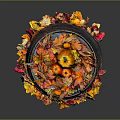 Decorated Wooden Barrel with Pumpkin and Colorful Autumn Leaves