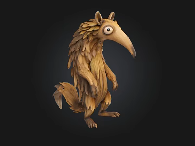 Detailed Wooden Anteater Sculpture With Long Snout Large Eyes And Furry Texture On Black Background 3d model