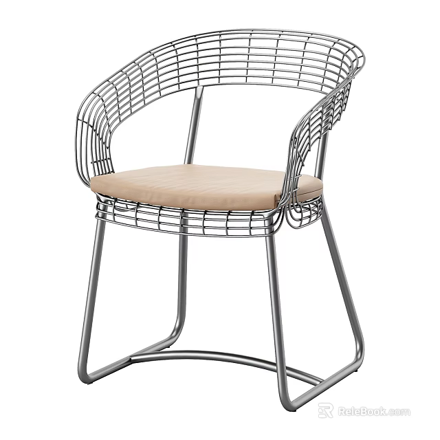 Modern Accent Chair With Metal Frame Woven Backrest And Beige Seat Cushion 3d model 