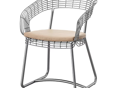 Modern Accent Chair With Metal Frame Woven Backrest And Beige Seat Cushion 3d model