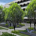 Modern Urban Plaza Landscape With Green Lawn Trees Water Feature And Pathway