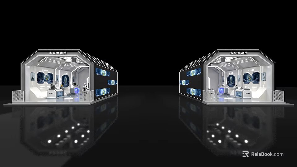 Futuristic Space Capsule Structures Interior Featuring Multiple Screens Control Panels And Reflective Floor 3d model