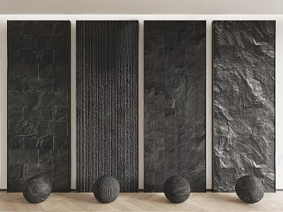 Different Textured Black Background Wall Panels With Decorative Spheres On Wooden Floor 3d model