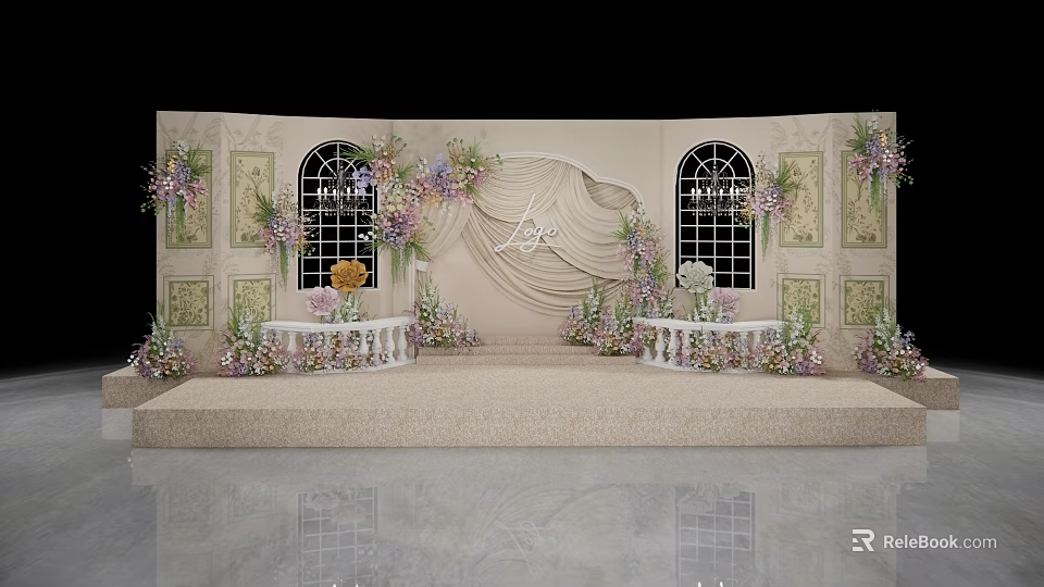 Elegant Wedding Stage Setup With Beige Backdrop Arched Windows And Floral Decorations 3d model