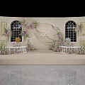 Elegant Wedding Stage Setup With Beige Backdrop Arched Windows And Floral Decorations 3d model