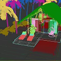 Tropical Palm Trees Surrounding Thatched Roof Hut On Beach With Pool And Lounge Chairs