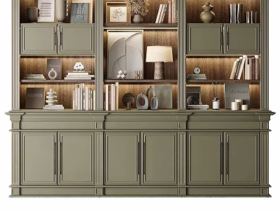 Dark Green Home Library Bookcase With Shelves Cabinet Doors And Decorative Items 3d model