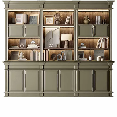 Dark Green Home Library Bookcase With Shelves Cabinet Doors And Decorative Items 3d model