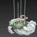 Cartoon Scene of Floating Island with Green Grass Circular Pit and Glowing Pillars