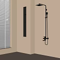 Sleek Modern Shower System with Black Shelving and White Window Blinds on Beige Bathroom Wall