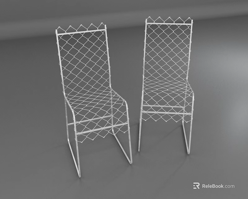 Two White Metal Mesh Outdoor Chairs Featuring Diamond Pattern Frame Design 3d model 