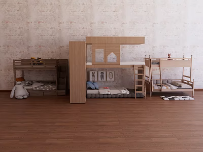 Wooden Kids Bunk Bed With Ladder Storage Drawers And Soft Mattress 3d model