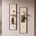 Elegant Wall Decor With Two Vertical Lotus Artworks And Wooden Lattice Accents