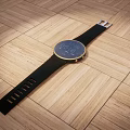 Modern Smartwatch Circular Dial Time Date Weather Display Black Strap Golden Bezel Wooden Background