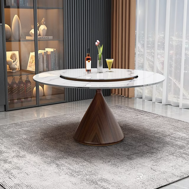 Elegant Round Dining Table With Marble Top And Wooden Cone Base 3d model 