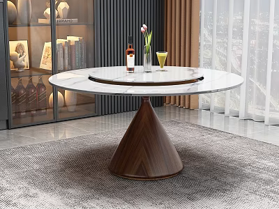Elegant Round Dining Table With Marble Top And Wooden Cone Base 3d model