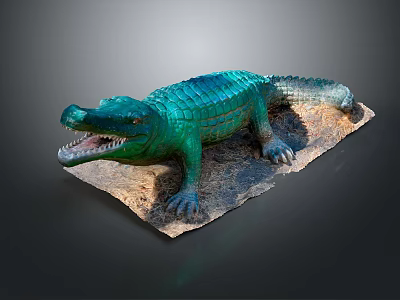 Realistic Green Crocodile Reptile Figurine With Detailed Scales On Sand Base 3d model