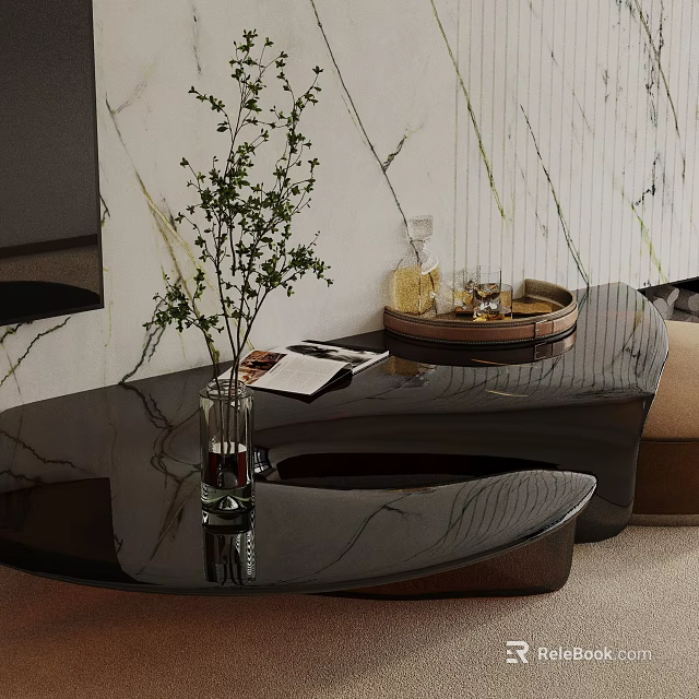 Modern Sofa Coffee Table Set with Black Table Vase Green Plants Magazine Tray Marble Wall 3d model 