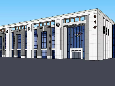 Modern Gymnasium Building With White Exterior And Blue Glass Curtain Wall 3d model
