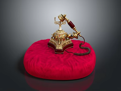 Vintage Gold And Red Telephone On Red Velvet Cushion With Gray Background 3d model