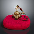 Vintage Gold And Red Telephone On Red Velvet Cushion With Gray Background