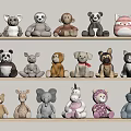 Various Plush Animal Dolls Designs Arranged on Wooden Shelves