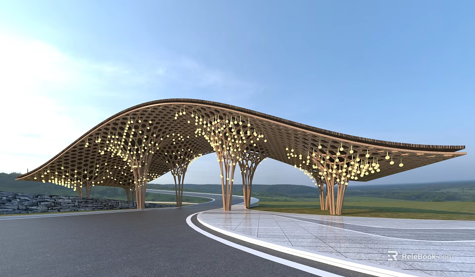 Modern Entrance Gate with Curved Wooden Structure Illuminated Ceiling and Spacious Pathway in Natural Landscape 3d model 