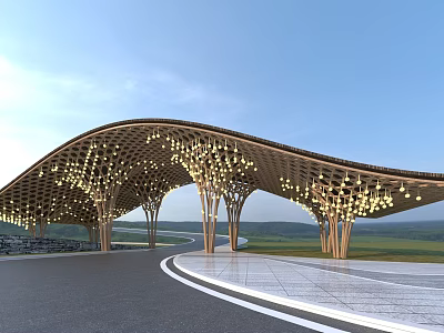 Modern Entrance Gate with Curved Wooden Structure Illuminated Ceiling and Spacious Pathway in Natural Landscape 3d model