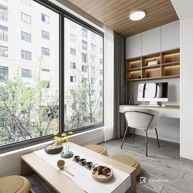 Modern Home Balcony Design With Large Windows Green Plants Work Desk And Comfortable Chair 3d model 