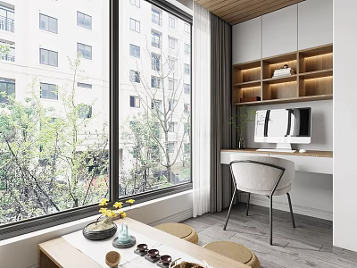 Modern Home Balcony Design With Large Windows Green Plants Work Desk And Comfortable Chair 3d model