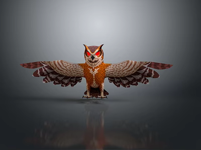 Mythical Owl Character With Spread Wings Red Eyes And Feather Details 3d model