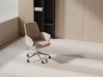 Modern Light Upholstered Office Chair With Wheels Near Bookshelf And Window 3d model