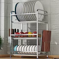 Practical Kitchen Interior With Stainless Steel Dish Rack Plates Fresh Fruits Wooden Countertop And Cabinets
