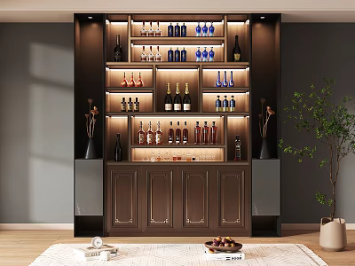Elegant Modern Wine Cabinet With Glass Shelves LED Lighting And Decorative Bottles 3d model
