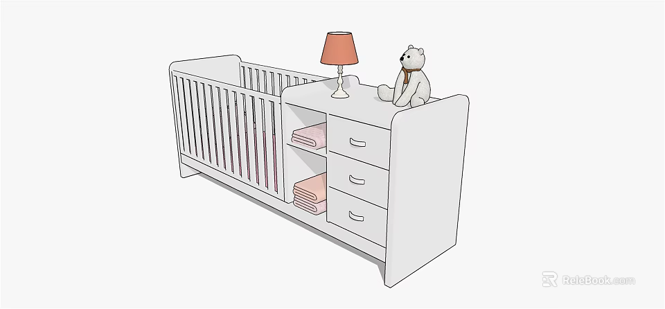 Baby Crib with Drawer Chest Table Lamp and Teddy Bear in Nursery 3d model 