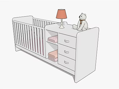Baby Crib with Drawer Chest Table Lamp and Teddy Bear in Nursery 3d model