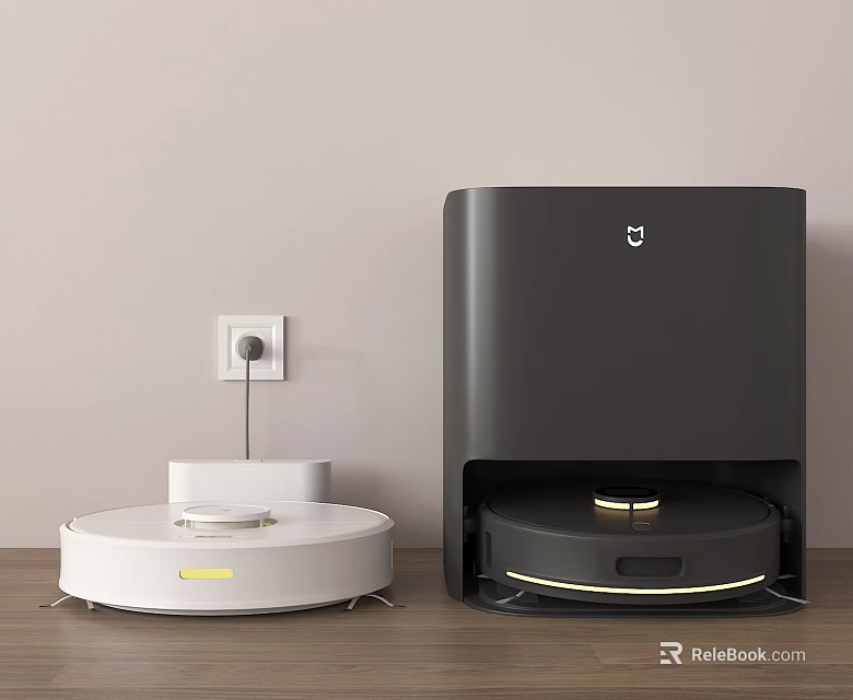 Smart Robot Vacuum Cleaner With Black Charging Base And White Body On Wooden Floor 3d model 