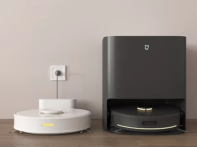 Smart Robot Vacuum Cleaner With Black Charging Base And White Body On Wooden Floor 3d model