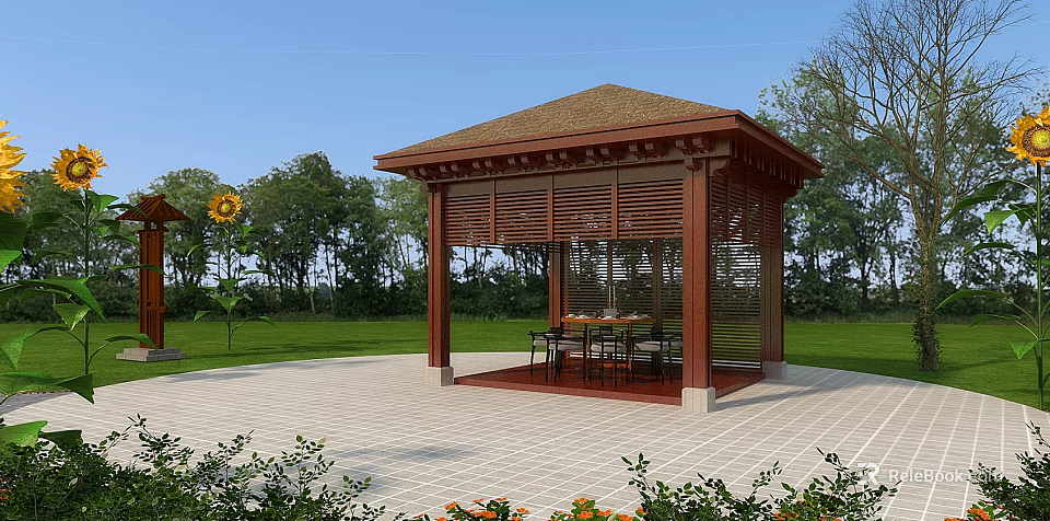 Scenic Outdoor Wooden Pavilion With Table Chairs Green Lawn And Trees 3d model 