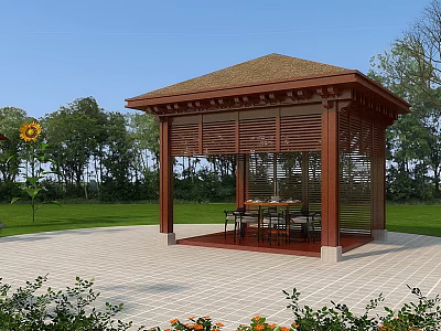 Scenic Outdoor Wooden Pavilion With Table Chairs Green Lawn And Trees 3d model