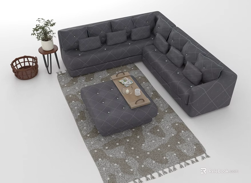 Gray L shaped Sofa and Coffee Table Combination with Cushions Rug and Potted Plant 3d model 