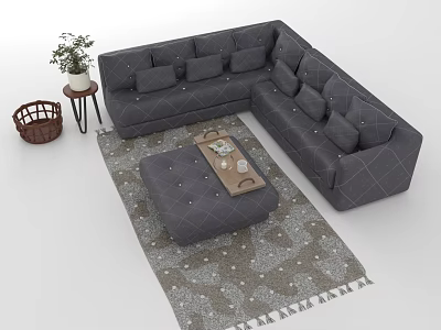 Gray L shaped Sofa and Coffee Table Combination with Cushions Rug and Potted Plant 3d model