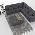 Gray L shaped Sofa and Coffee Table Combination with Cushions Rug and Potted Plant